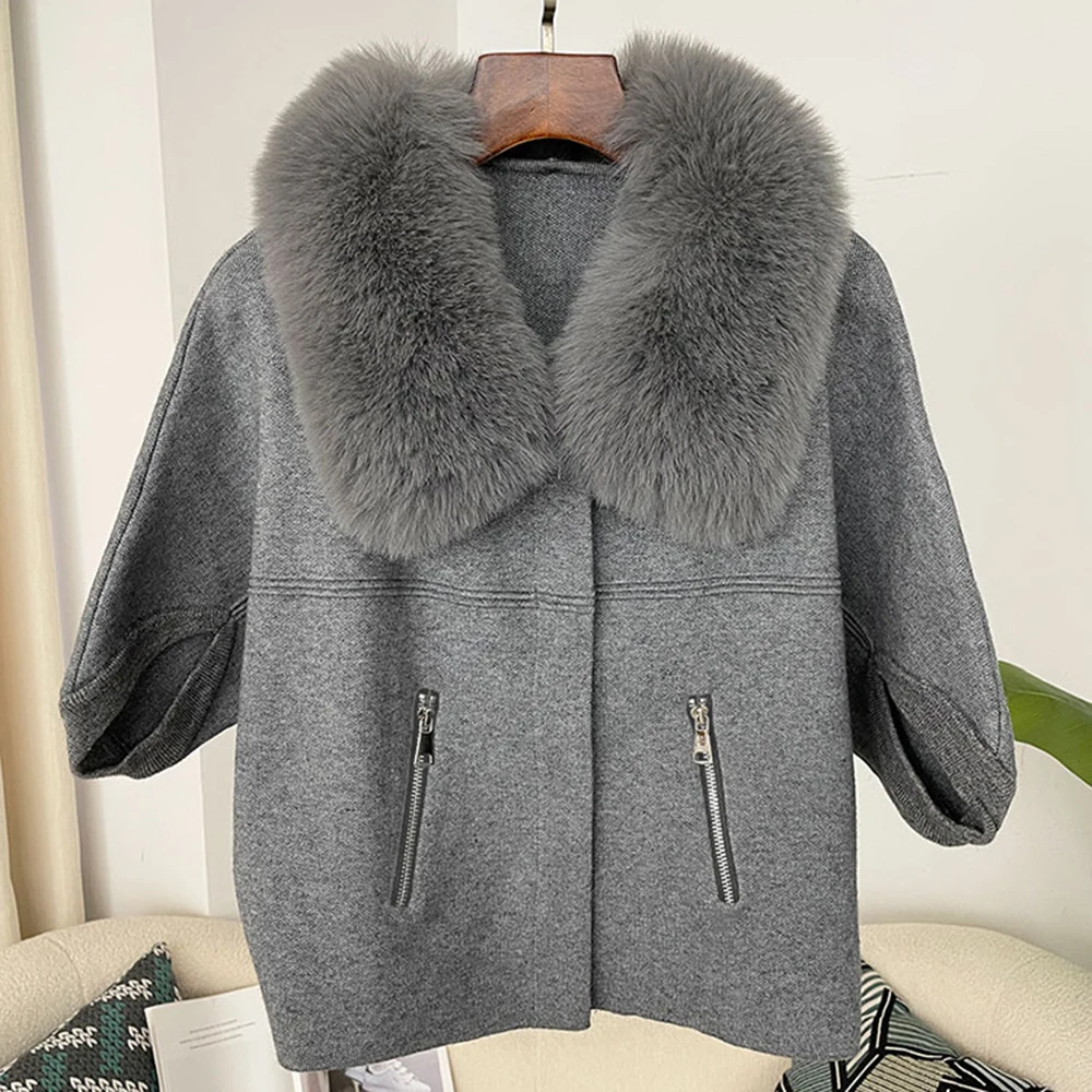 OFTBUY New Autumn and Winter Women Cardigan Short Knitted Sweater Solid Color with Faux Fur Collar Three Quarter Sleeves Coat