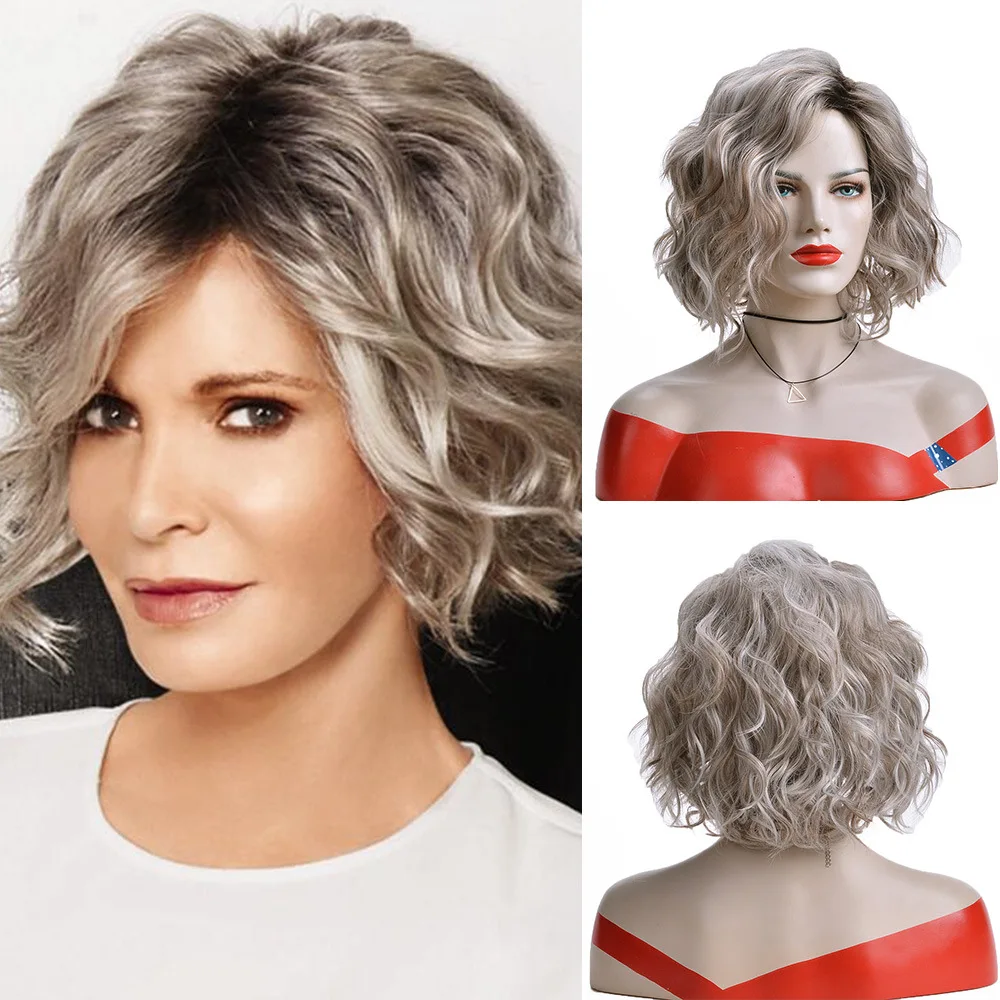 Synthetic Hair Wigs 12 Inch Silver Gray Short Curly Wig Women's Natural Layered Shoulder Length Hair Daily Party Cosplay Wig
