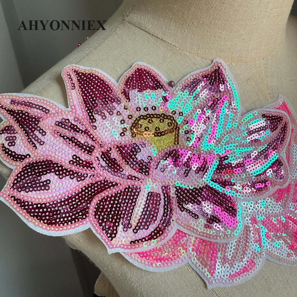 1 Piece Pink Sequined Lotus Design Patch Fashion Shining Iron On Patch for Clothing DIY Accessories