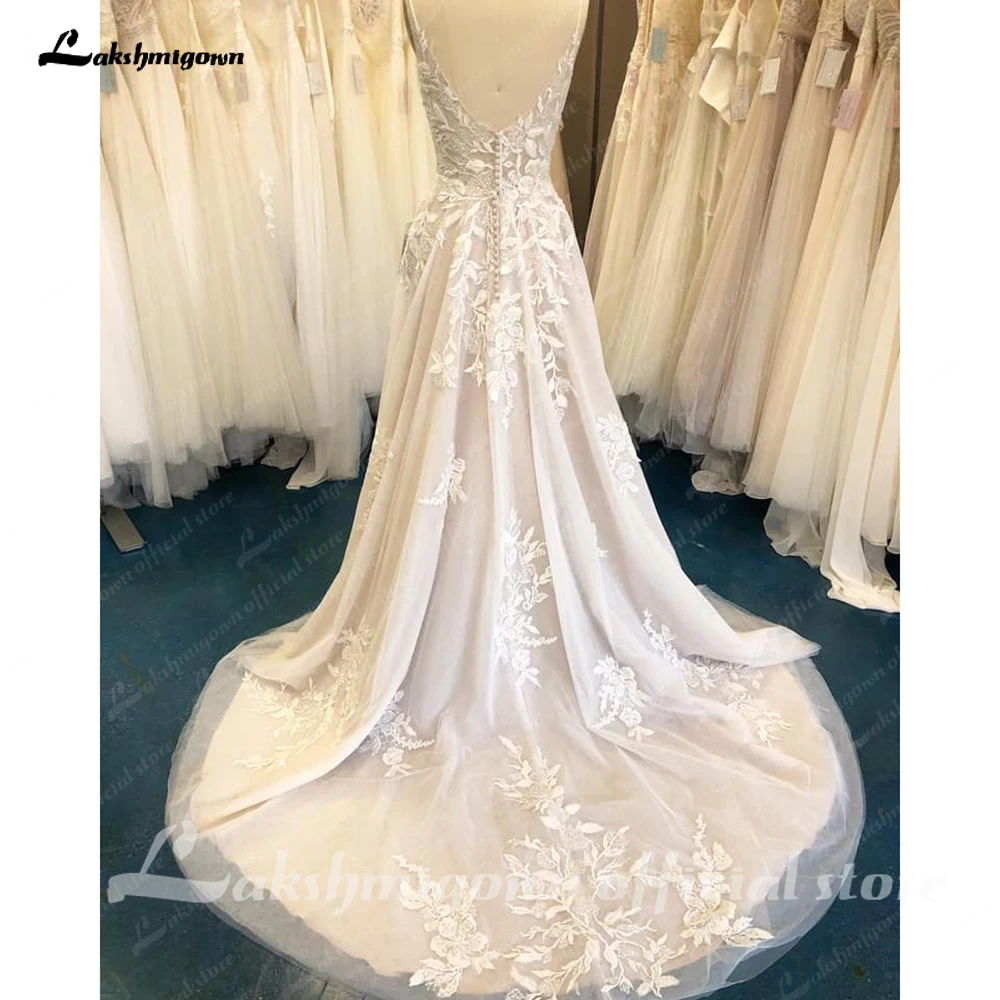 Lakshmigown Boho V Neck Ivory Wedding Dresses For Women Classic Applique Elegant Lace Sweep Train Bridal Gowns With Soft Tulle