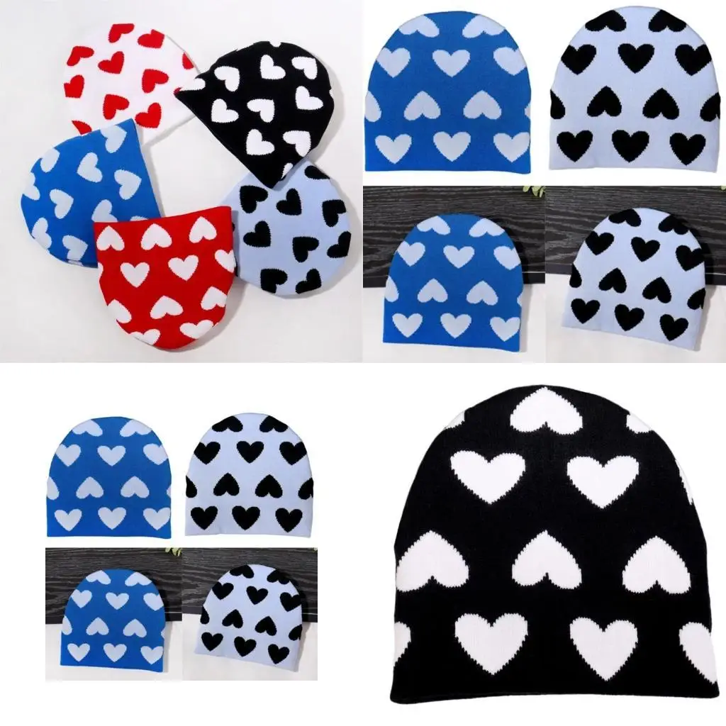 

39BD Handmade Winter Hat with Heart Pattern Adult Winter Skiing Walking Hat