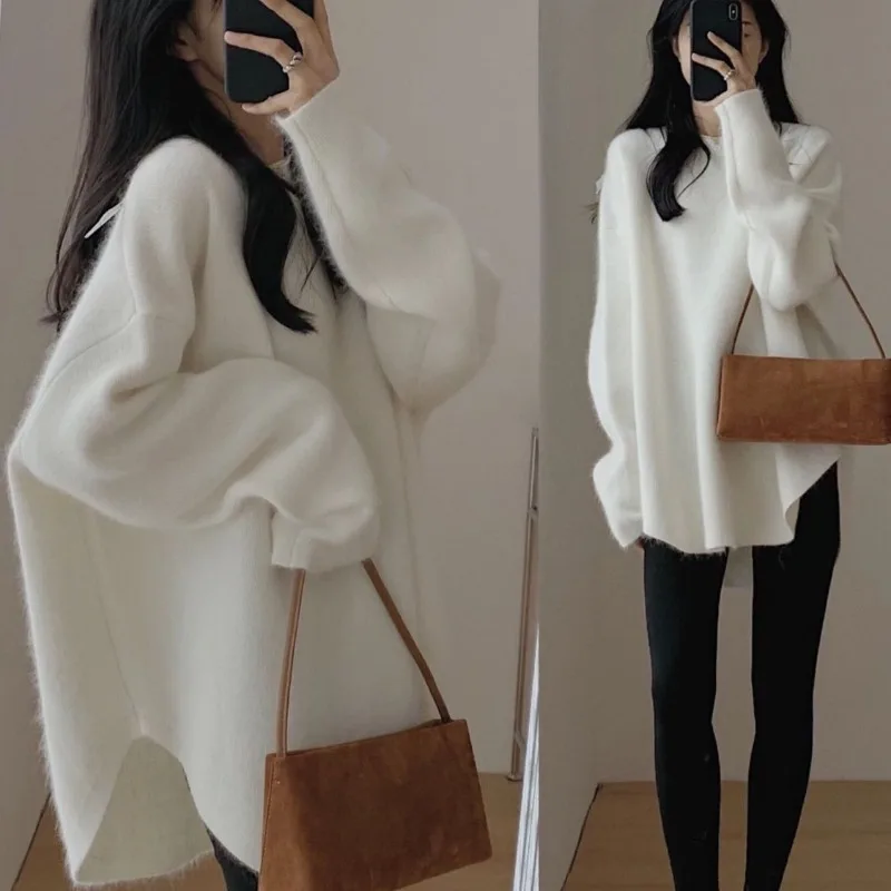 Autumn and Winter Women\'s Pullover Round Neck Long Sleeve Solid Asymmetric Flocking Loose Fashion Casual Knit Bottom Tops