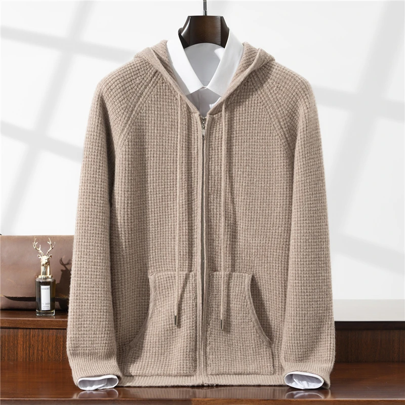 Autumn Winter New 100% Pure Wool Sweater Zipper Men's Cardigan Loose Casual Hooded Pocket Knitted Sweater Coat