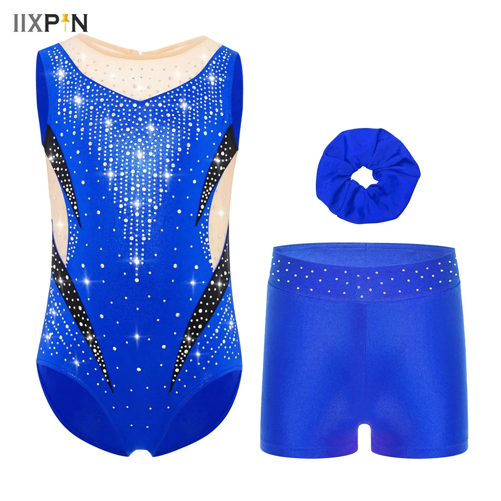 

Kids Girls Gymnastics Dance Figure Skating Outfit Sheer Mesh Patchwork Sparkling Rhinestones Metallic Leotard+Headwear+Shorts