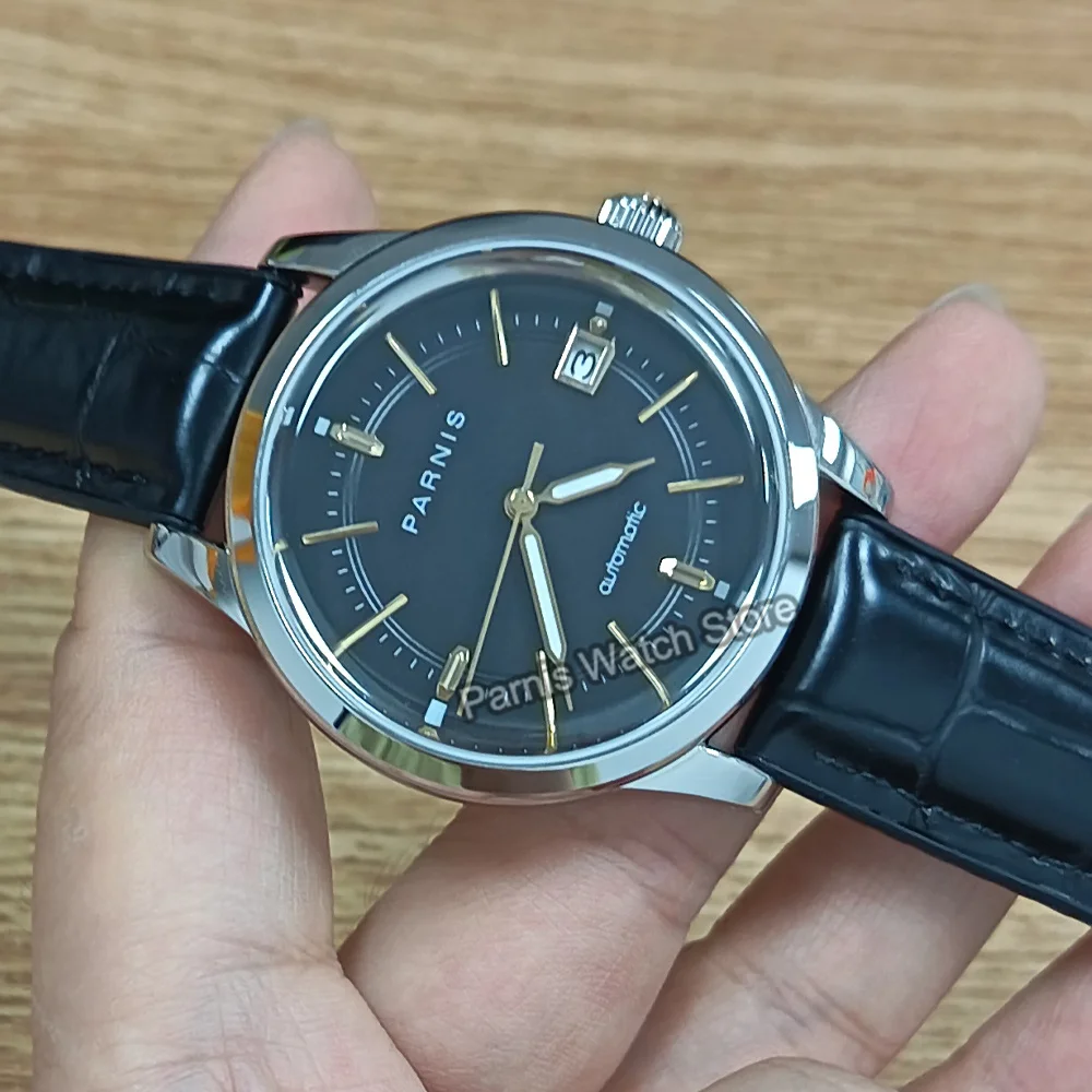 Parnis 39.5mm Men's Automatic Watch Black Color Dial Gold Marks Sapphire Crystal Stainless Steel Case Wristwatch