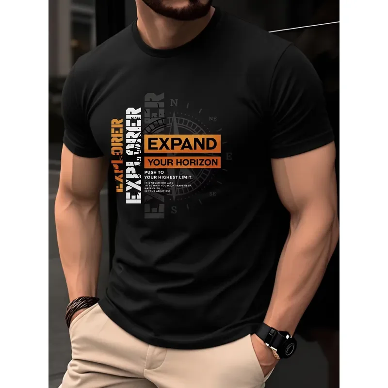 100% Cotton Men's T-shirt Summer Trend and Fashion Round-neck Breathable Casual Daily Guide Compass Pattern Letter Print