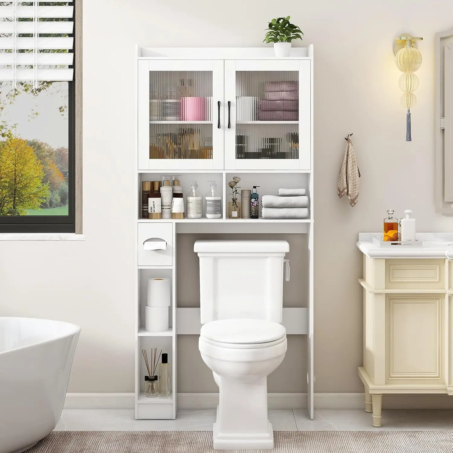 

Over-The-Toilet Storage Cabinet, Farmhouse Style With 2 Acrylic Waves Doors, Space-Saving Home Storage Ra For Bathroom, Laundry