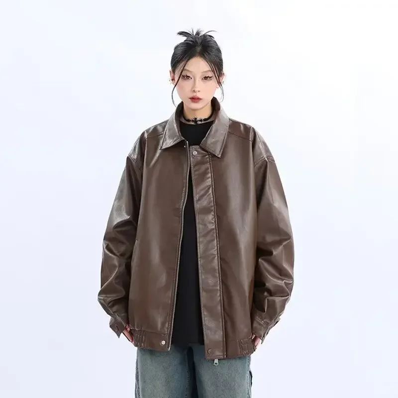 Vintage Maillard Brown Leather Jacket For Men And Women 2024 Autumn Trendy Motorcycle Style Loose Fit Genuine Leather Coat