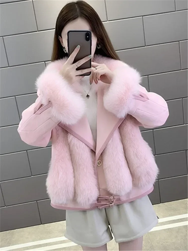 2025. Outono/inverno casaco feminino camurça imitação de pele de raposa casaco de grama feminino haining moda casacos de uma peça feminino