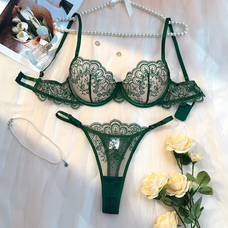 

Sexy Lingerie Female Dark Green Mesh Underwear Fantasy See Through Bra Panty Set Delicate Embroidered Intimate Erotic Lingerie