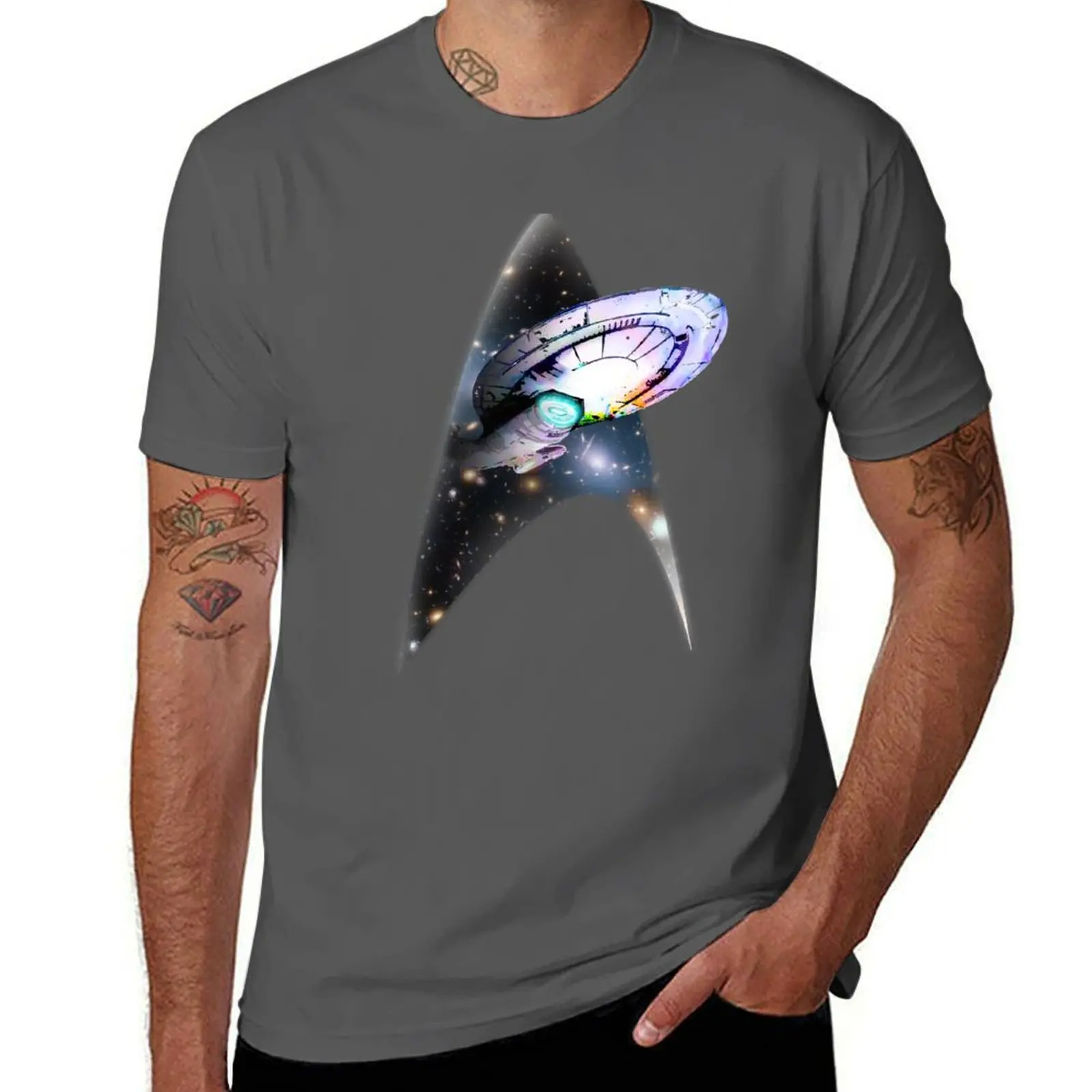 

Star Trek: Voyager Rainbow Watercolor Galactic Starship Insignia T-Shirt Regular Fit Plain Tee Shirt