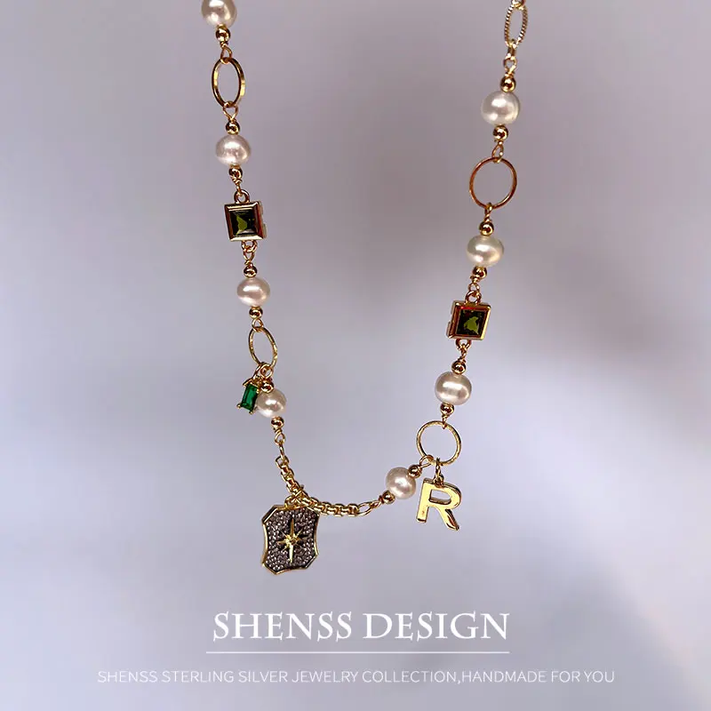 Natural Freshwater Pearl Necklace Copper Plated 14k Gold Wrap Letter Zircon Mix and Match Personalized Necklace