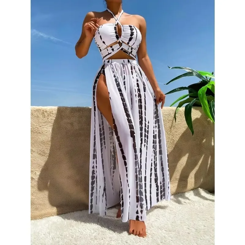 3 pçs/set Tie Dye Cruz Biquíni Vestido de Praia Verão Mulheres Sexy Maiô Acolchoado Chic Beachwear Biquínis Conjunto