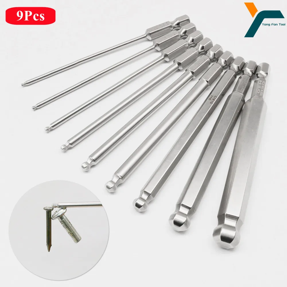 9Pcs Ball End Hex Screwdriver Bit 1/4\'\' Hex Shank 50/75mm Magnetic Wrench Socket H10 / H8 / H6 / H5 / H4 / H3 / H2.5 / H2/ H1.5