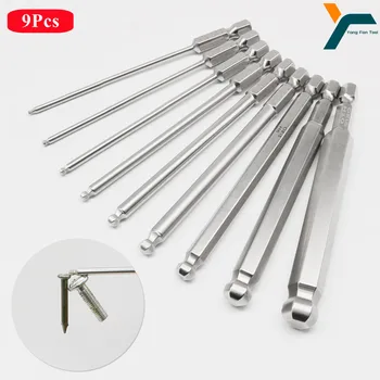볼 엔드 육각 스크루드라이버 비트, 마그네틱 렌치 소켓 H10, H8, H6, H5, H4, H3, H2.5, H2, H1.5, 1/4 인치 육각 섕크 50mm, 75mm, 9 개