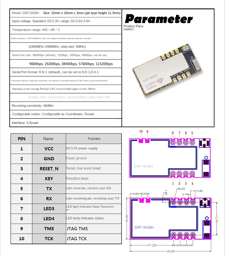 UART Serial Port To ZigBee Wireless Module Cc2630 Super CC2530 | Drf1609h with Pa1.6km Transmission