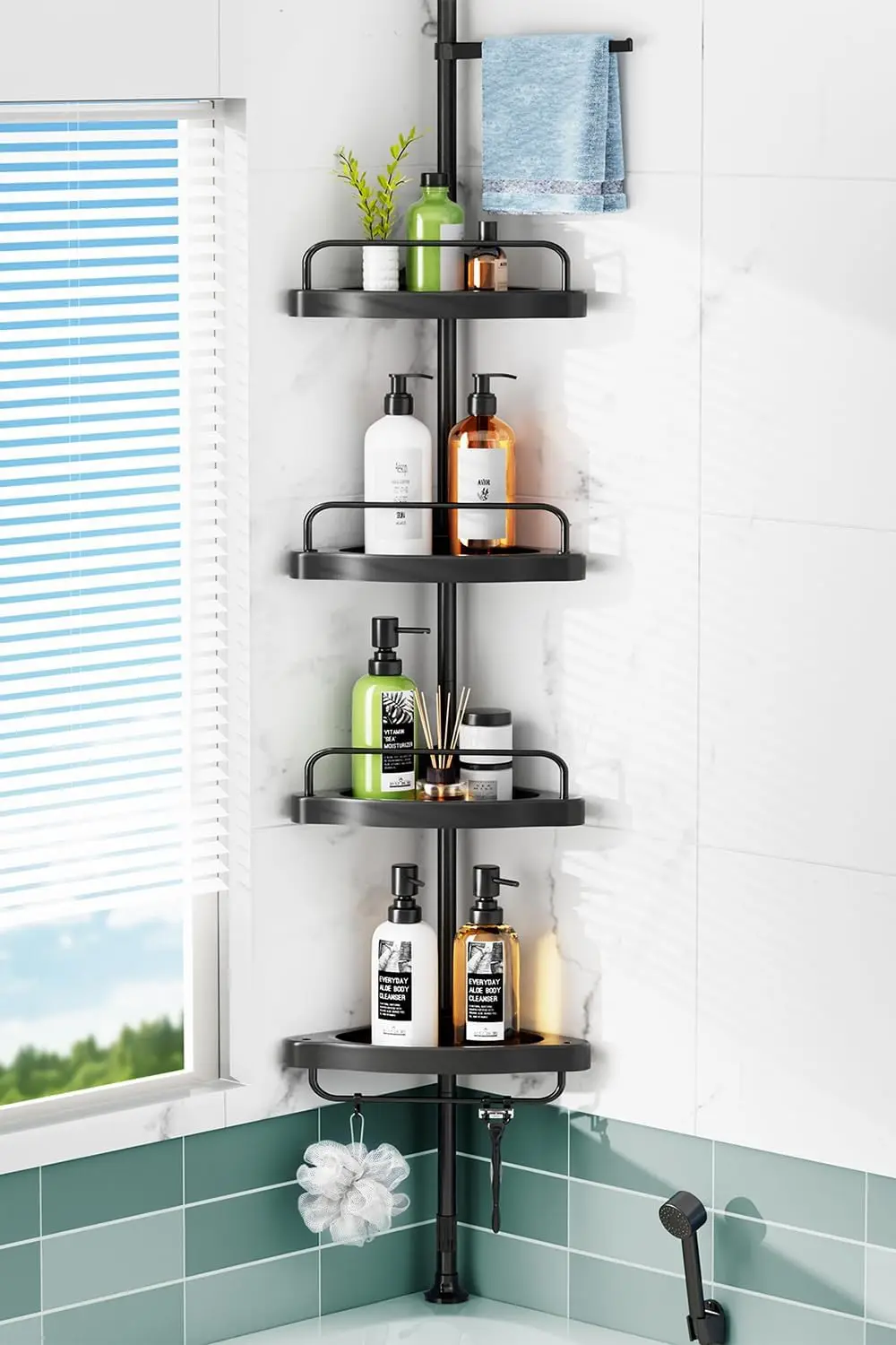 

Corner Shower Caddy Tension Pole: 4 Tier Shampoo Storage Organizer for Inside Shower - Telescoping Rod Shower Rack for Bathroom