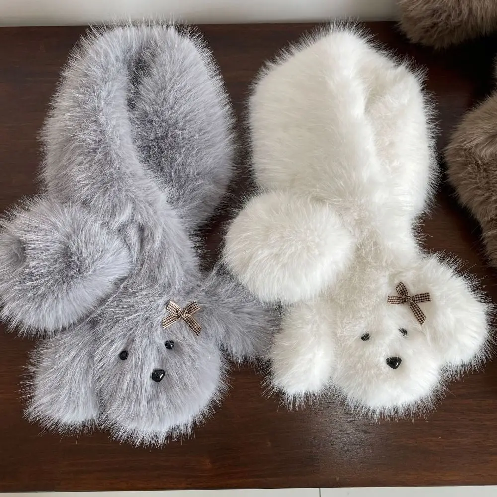 Simple Pure Color Imitation Fur Scarf Bow Warm Cute Puppy Scarves Cross Fur Collar Dog Plush Shawl Student