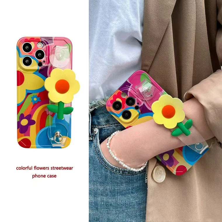 Korean Cute 3D Sunflower Wrist Band Soft Case For IPhone 1514 13 12 16 Pro Max Coloful Floral Wristband Shockproof Cover Funda