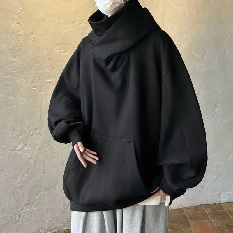 Men's Solid Color Versatile Black Warrior Autumn and Winter Heavyweight Functional High Neck Trendy Casual Hooded Sweatshirt Swe