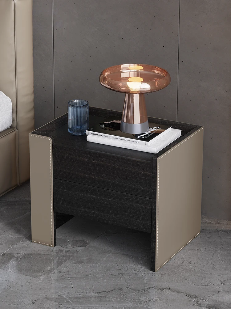 Modern minimalist saddle leather bedside tables, home bedroom bedside tables, high-end smoked wood storage cabinets, light luxur