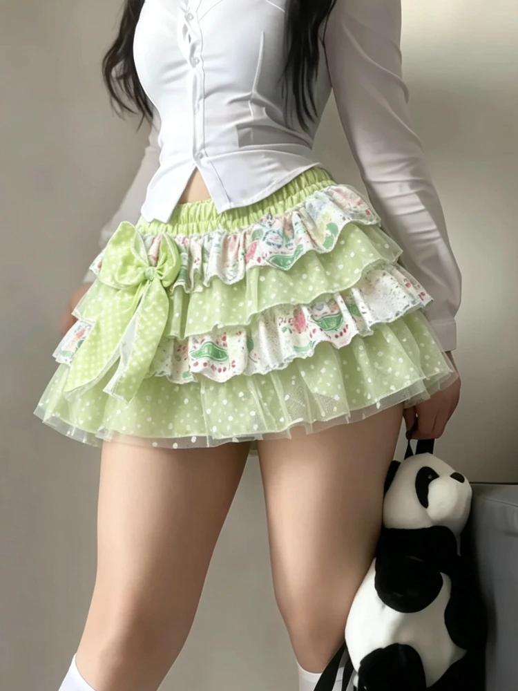 Юбка в стиле Y2K Kawaii для женщин, в горошек, японский дизайн, с милым бантом, пышная юбка-тортик, милая лолита, разноцветная, с принтом, мини-юбка