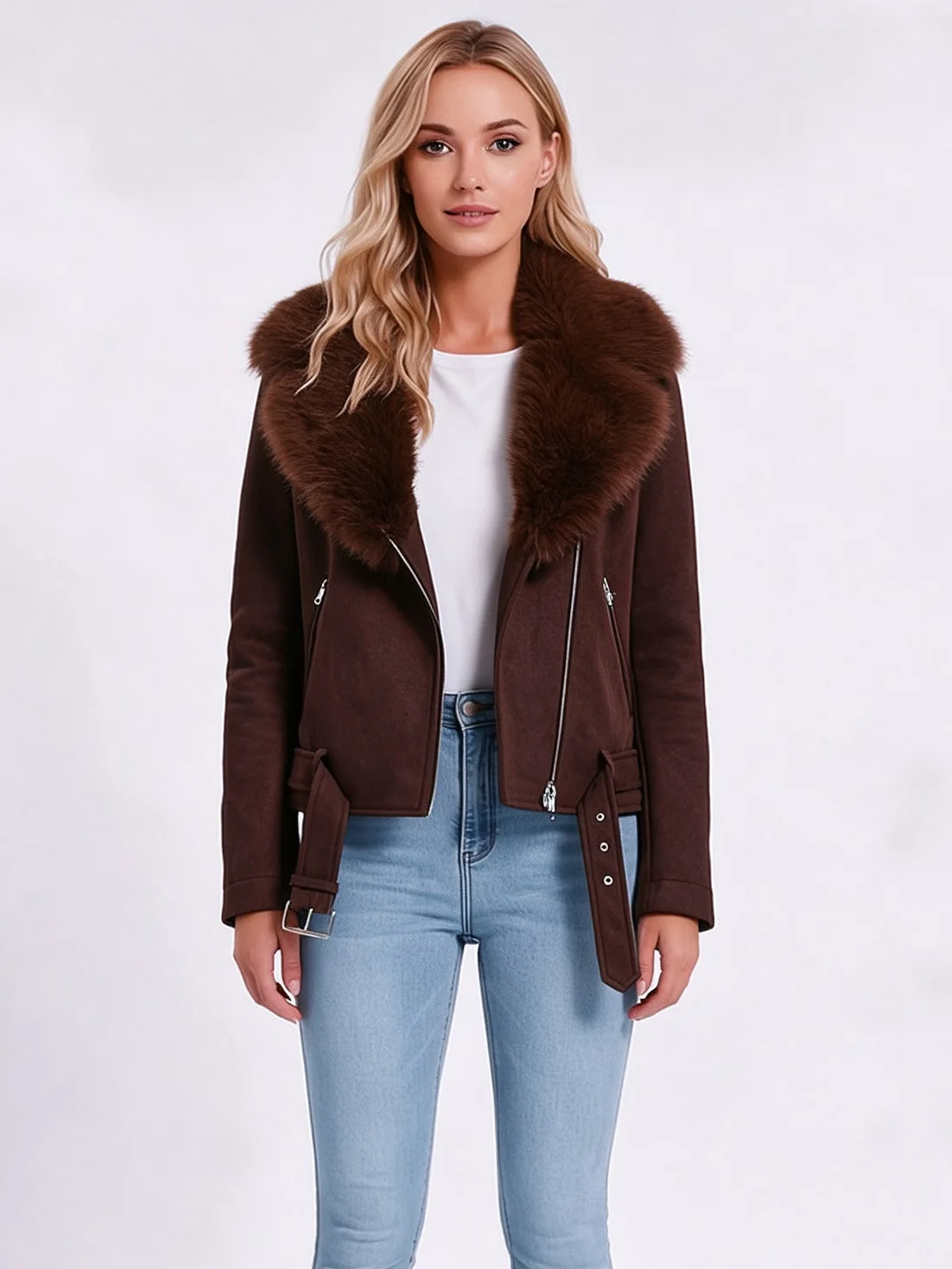 Women's Loose Casual Warm Detachable Fur Collar Jacket Autumn Winter Versatile Long Sleeved Top