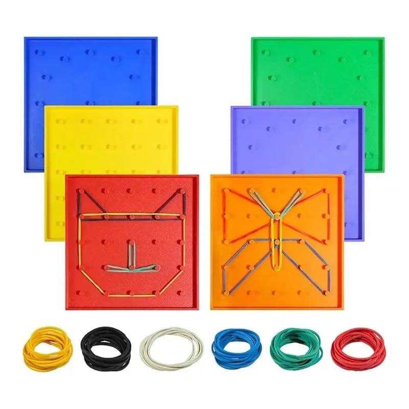 MACH-Geometry Manipulative Tools 6-Pack Plastic Geoboards With Rubber Bands, Geo Board Brain Teasers