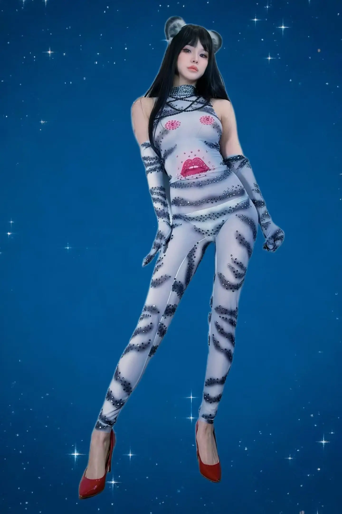 

Комбинезон без рукавов с высоким воротом в стиле Chunyou, сексуальный сетчатый прозрачный комбинезон с розовыми губами, барный наряд для выступлений, платья для выпускного вечера