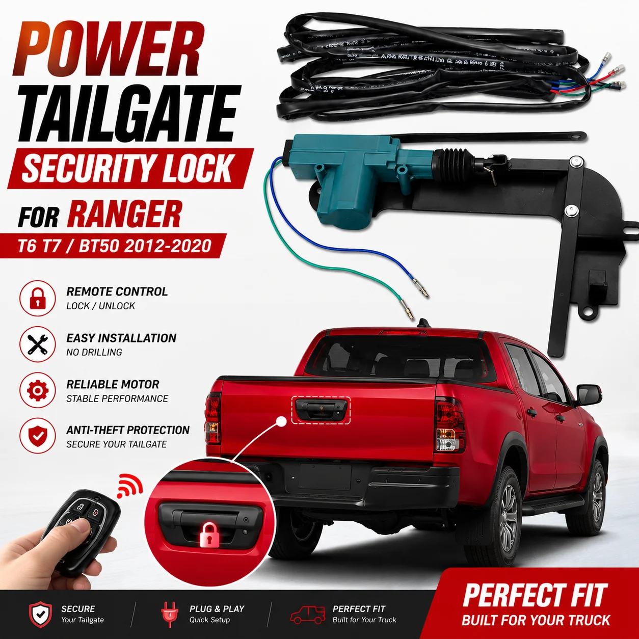 Cierre Centralizado de Puerta Trasera POP & LOCK para Ford Ranger 2012-2021, Kit de Cierre Remoto de Puerta Trasera, Plug & Play, Antirrobo