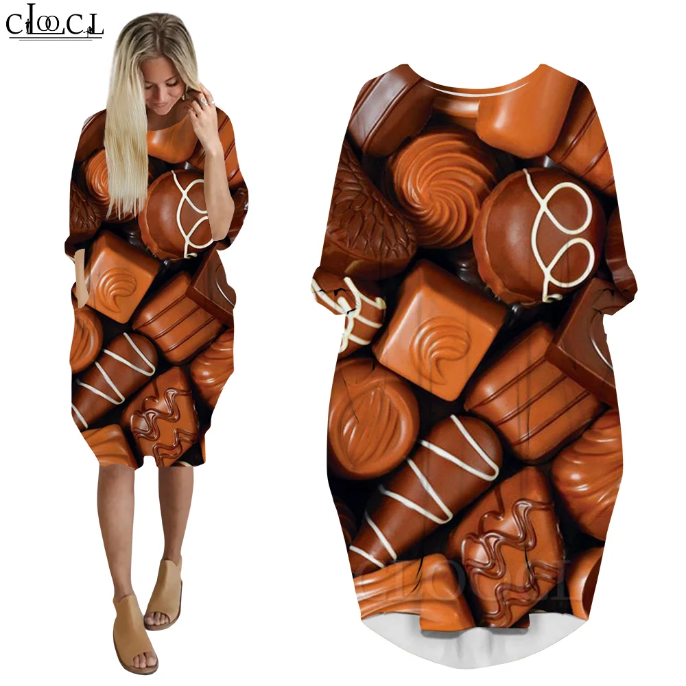 CLOOCL Dresses Women Oversized Autumn Long Sleeves Pockets Clothing Chocolate Plate with Cocoa Bean Powder Print Street Dresses