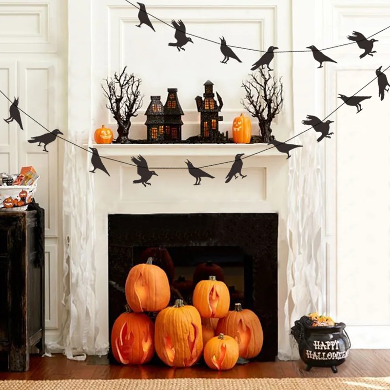 Black Crow Halloween Decoration Realistic Raven Pattern Banner for home Yard Haunted House Hanging Decoration Pull Flag Garland