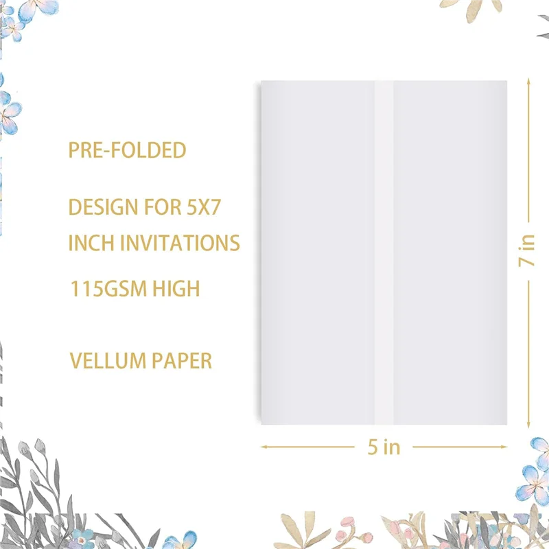 AP-50 Sheets Pre-Folded Vellum Jackets Vellum Paper For 5X7 Invitations,Vellum Wraps For 5 X 7 Wedding Invitations,Envelope Line