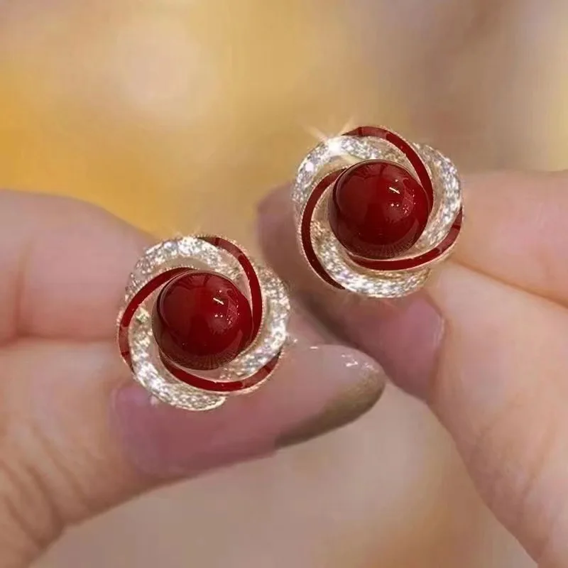 925 Silver Needle Korean Fashion Crystal Pearl Earrings For Women Jewelry 2026 Trending French Red Green White Flower Earrings