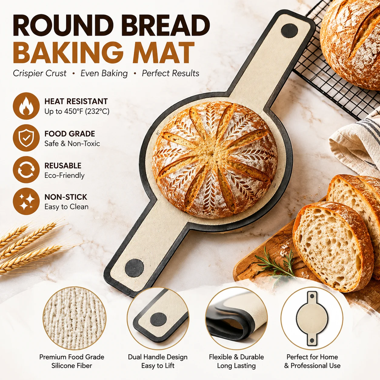 Round Silicone Baking Mat With Lifting Handles Non-Stick Bread Pan Liner Heat Resistant Oven Mat Pot Trivet Kitchen