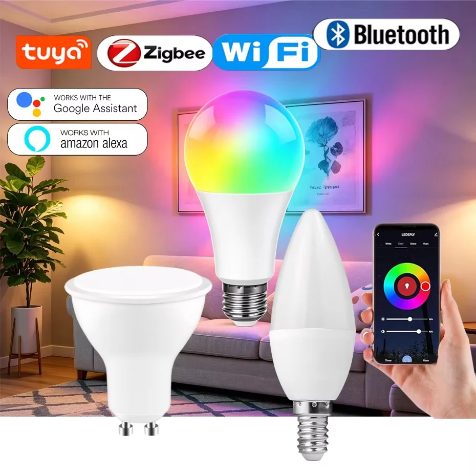 2700-6500K RGB Bulb Light Work with Alexa Google Home Tuya WiFi/Zigbee/Bluetooth RGB Dimmable E27 GU10 E14  LED Candle Bulb