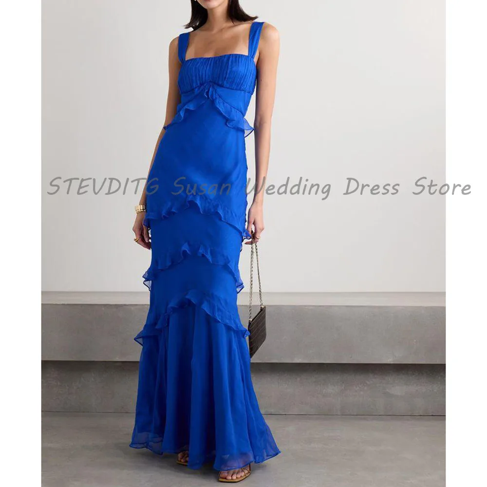 

Blue Prom Dresses Tiered Sleeveless Mermaid Floor Length Square Collar Sexy Pastrol High Quality Banquet Celebrity Female Gowns