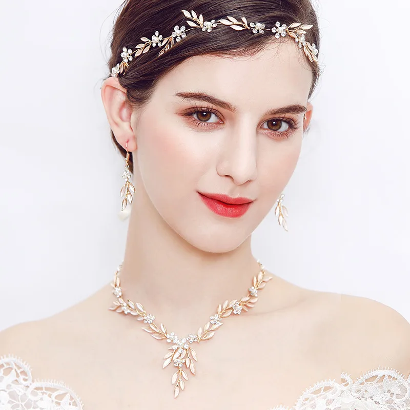 Hand wired Gold Color Leaf Bridal Necklace Earrings Set Wedding Prom Accessories Women Jewelry Set