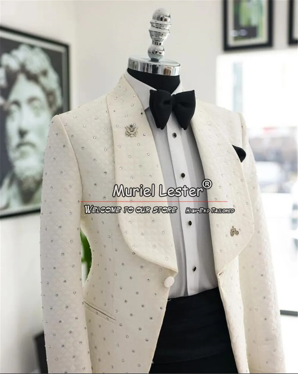 Luxury Groom Wedding Suits Cyrstals Beaded Men\'s Tuxedos Custom Made Single Breasted Prom Blazer Sets Banquet Dinner Clothing