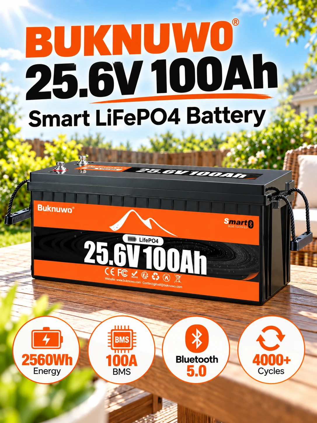 BUKNUWO 24V 100Ah Rechargeable Lithium Battery 2560Wh Deep Cycle for Off Grid Solar Power Systems