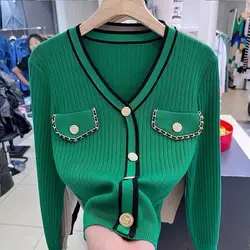 Women Clothing Spring Autumn New Long Sleeve Button Pullovers Fashion Elegant Temperament V Neck Knitting Slim Short Sweaters