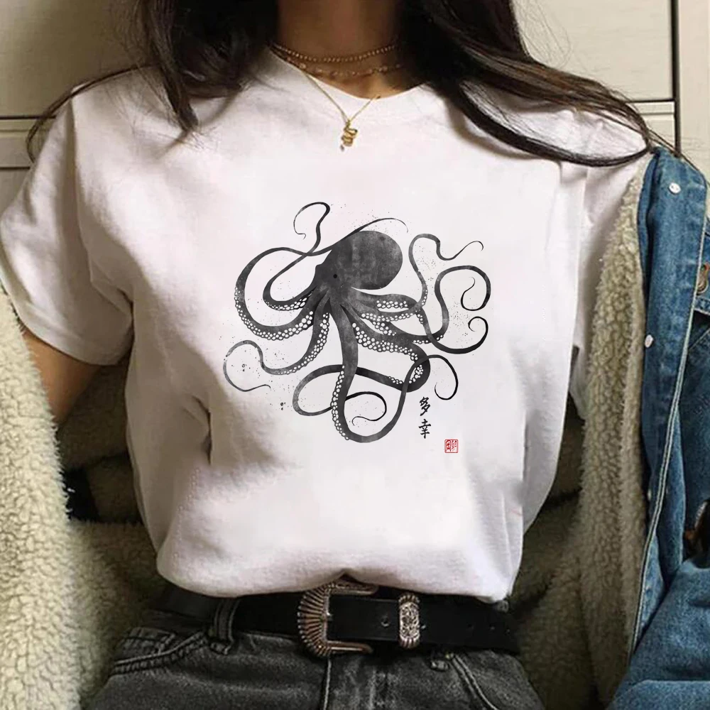 Octopus Japanese Calligraphy T Shirt Gyotaku Traditional Art Writing Ukiyo-e Japan Kawaii Print Yoga Womens Girls Printed Tee