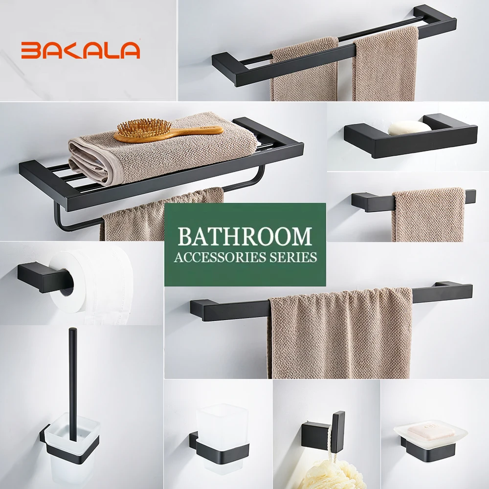 Matte Black Hook Towel Rack 304 Stainless Steel Towel Bar Double Towel Shelf Paper Holder Tissue Holder Toilet Brush Holder