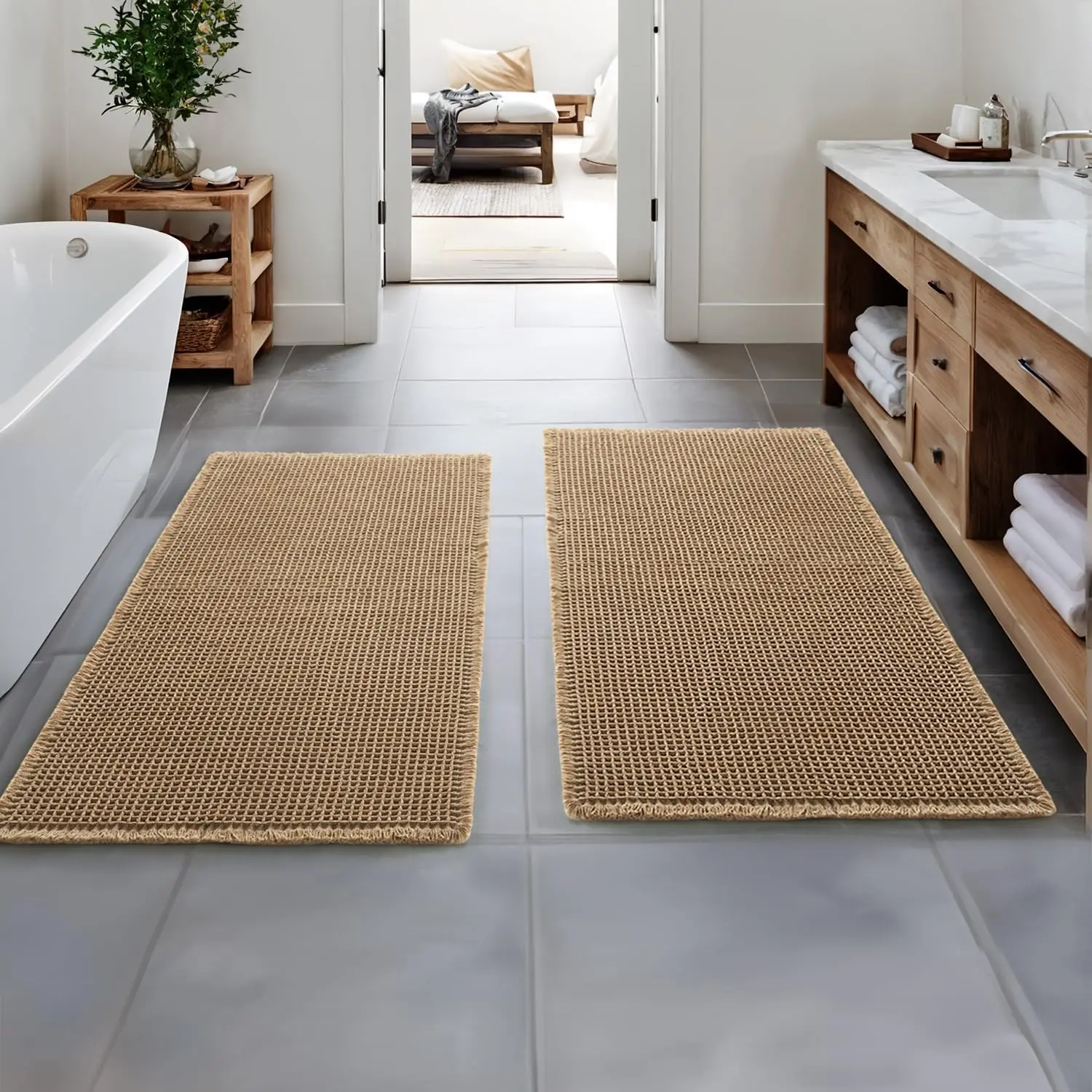 

Set of 2 Waffle Bathroom Runner Rugs, Non-Slip Washable Super Absorbent Mats for Hallway Bedroom Laundry Room, Brown 24x48 Inch