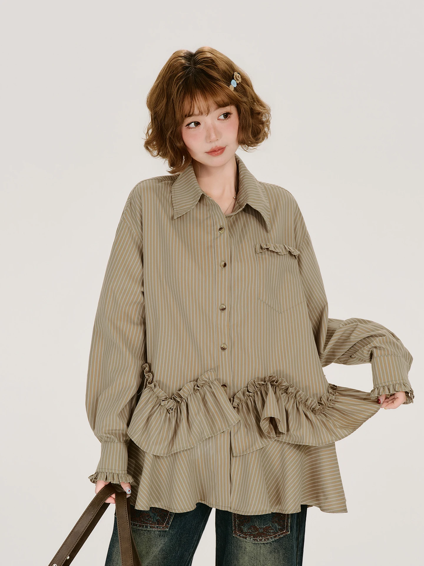 Girlyhalo American Retro Turn-down Collar Flounce Strip Shirt Women's Loose Design Sense Blouse Casual Style Long Sleeve