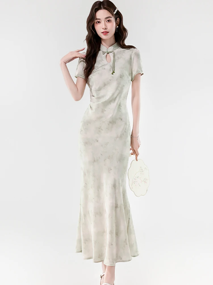 Zomer Groene Print Stand Kraag Cheongsam Jurk Vrouwen Elegante Luxe Verstoorde Maxi Jurk 2025, Koreaanse Vintage Bodycon Feestjurk