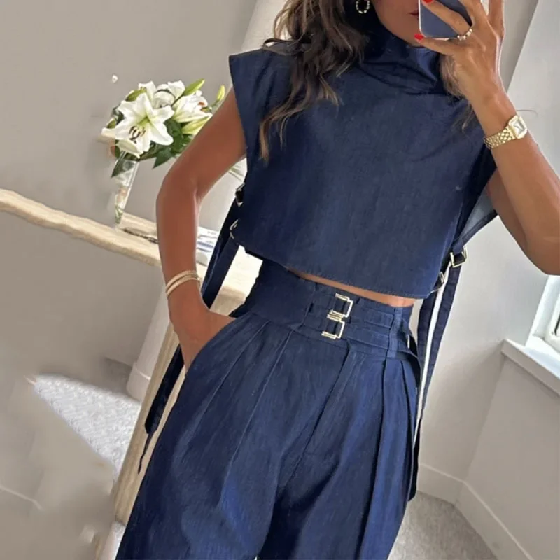 Casual Summer Two Piece Sets Women High Neck and Short Sleeves Top and High-waisted Straight-leg Pants Set Womens Outifits Suits