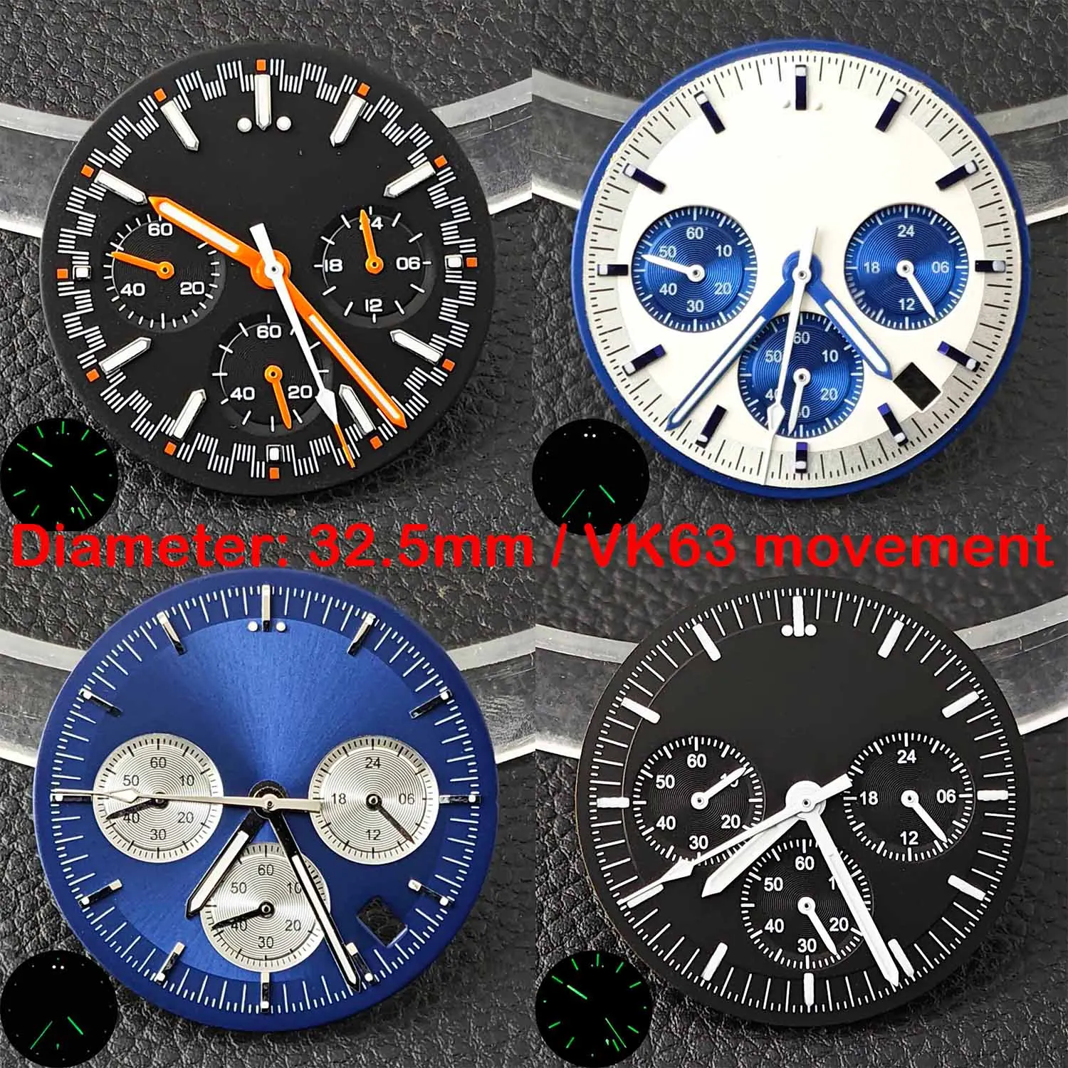 32.5mm VK63 Chronograph Dial Green Luminous Have Pointer Suitable For Vk63 Movement Watch Parts Replace Accessories