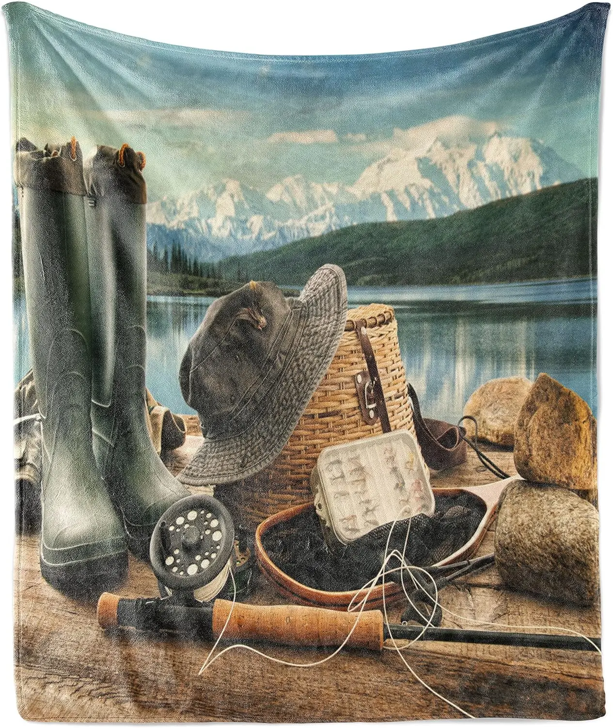 Fishing throw blanket, fly fishing equipment with lake and mountain scenes for hobby sports activities, sofa blanket, turquoise