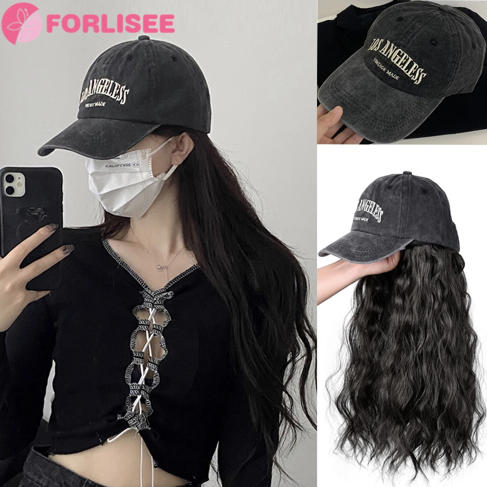 

FORLISEE 15 Inch Water Wavy Long Curly Hair Paired With A Smoky Gray Duck Tongue Hat Synthetic Fashion Natural Hat Wig